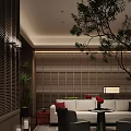 Hotel Public Lounge Area With Modern Design Wooden Screens Green Plants And Comfortable Sofa