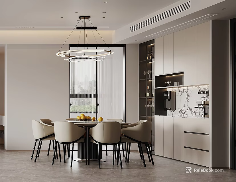 Modern Restaurant Interior With Dining Table Chairs Pendant Light And Open Layout Design 3d model