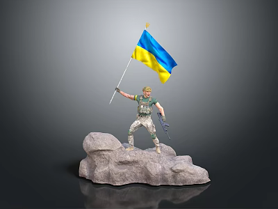 Game Movie Character Standing On Rock Holding Ukrainian Flag In Military Uniform With Rifle 3d model