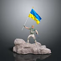Game Movie Character Standing On Rock Holding Ukrainian Flag In Military Uniform With Rifle