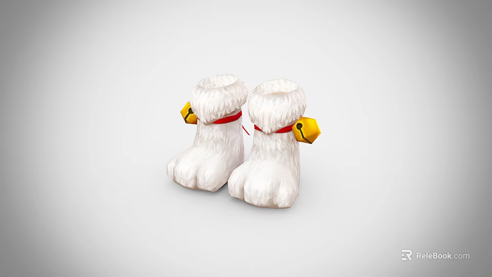 Cute White Plush Shoes with Red Straps and Yellow Bells 3d model 