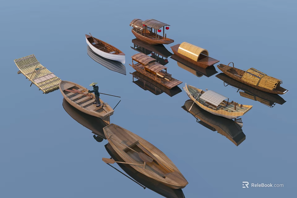 Different Types Of Traditional Wooden Boats Floating On Calm Water With Reflections 3d model 