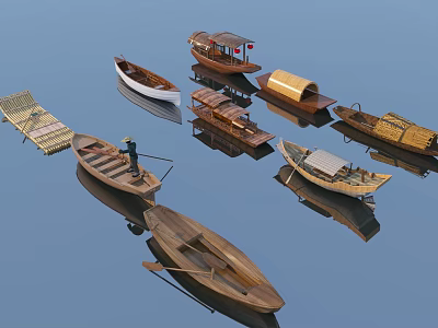 Different Types Of Traditional Wooden Boats Floating On Calm Water With Reflections 3d model