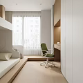 Modern Kids Room Interior With Bunk Bed Green Chair Desk And White Cabinets