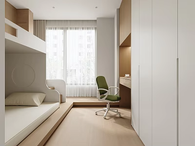 Modern Kids Room Interior With Bunk Bed Green Chair Desk And White Cabinets 3d model