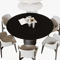Modern Round Black Dining Table Set With Six Light Gray Chairs And Tabletop Items 3d model
