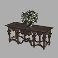Elegant Intricately Carved Wooden Console Table With Marble Top And White Flower Vase