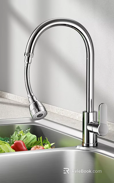 Modern Stainless Steel Kitchen Faucet With Pull Down Sprayer And Sink Basin 3d model 