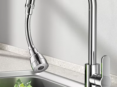 Modern Stainless Steel Kitchen Faucet With Pull Down Sprayer And Sink Basin 3d model