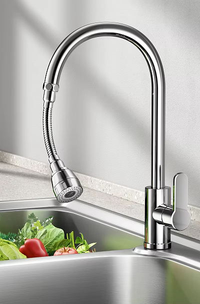 Modern Stainless Steel Kitchen Faucet With Pull Down Sprayer And Sink Basin 3d model
