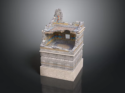 Traditional Architectural Model Featuring Stone Base Intricate Carvings And Colorful Decor 3d model