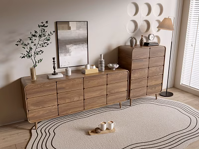 Wooden Console And Side Cabinet In Entryway With Decorative Items Plant And Circular Wall Decor 3d model