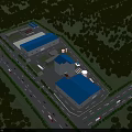 Aerial View Of Modern Industrial Plant With Blue Roofs Roads And Green Trees