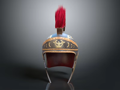 Ancient Ornamental Helmet with Red Plume Golden Decorations and Blue Accents 3d model