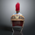 Ancient Ornamental Helmet with Red Plume Golden Decorations and Blue Accents