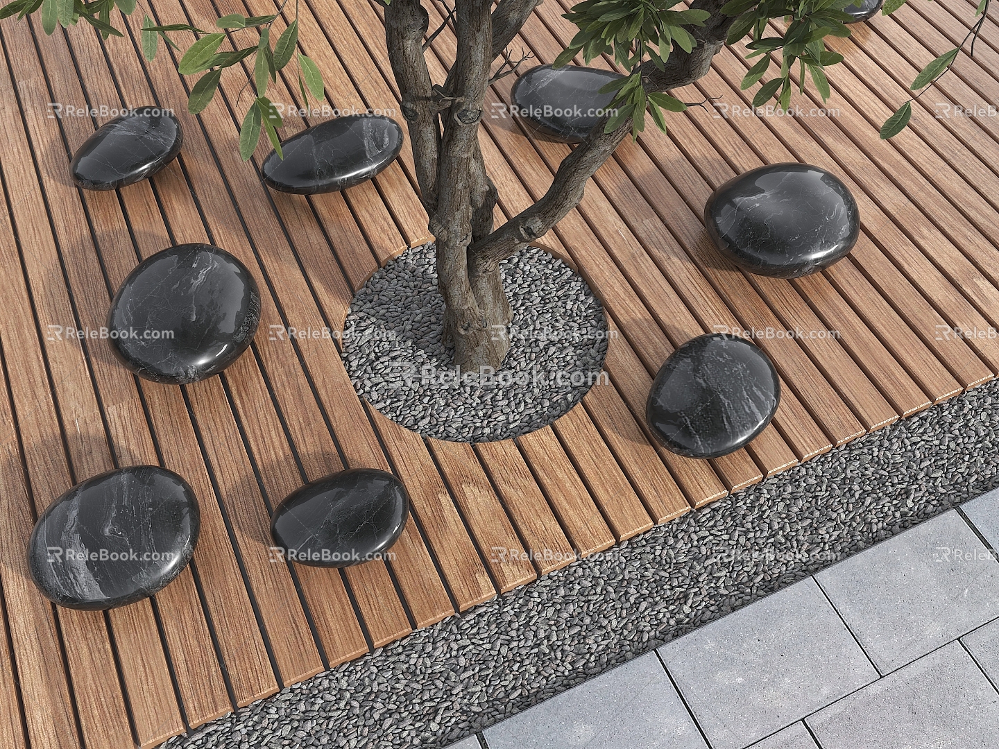 Modern Outdoor Chair Pebble Bench Rest Wooden Platform Landscape Stone Bench Landscape Pebble Square Stone Bench Stone 3d model