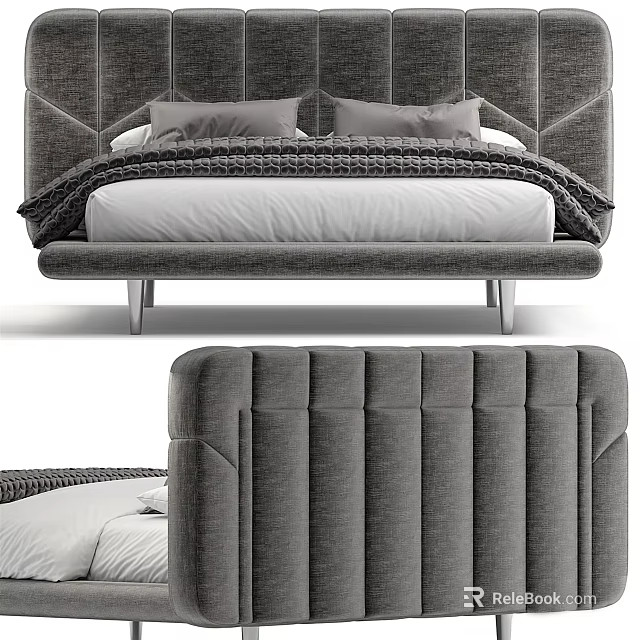 Modern Gray Double Bed With Upholstered Stitched Headboard And Metal Frame 3d model 