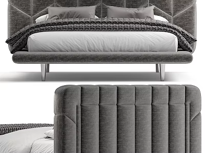 Modern Gray Double Bed With Upholstered Stitched Headboard And Metal Frame 3d model