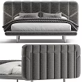 Modern Gray Double Bed With Upholstered Stitched Headboard And Metal Frame