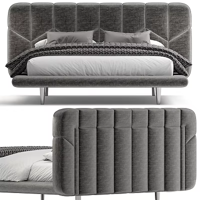 Modern Gray Double Bed With Upholstered Stitched Headboard And Metal Frame 3d model
