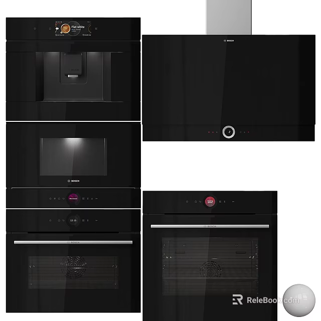 Stylish Black Modern Kitchen Appliances With Oven Microwave And Range Hood 3d model 