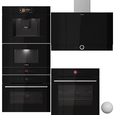 Stylish Black Modern Kitchen Appliances With Oven Microwave And Range Hood 3d model