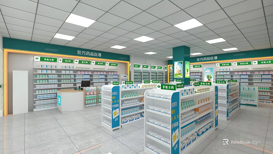 Pharmacy Store Interior With Organized Shelves Stocked Medicines And Cashier Counter 3d model 