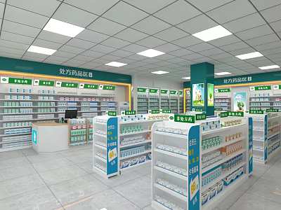 Pharmacy Store Interior With Organized Shelves Stocked Medicines And Cashier Counter 3d model