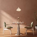 Wooden Dining Table Set with Green Upholstered Chairs Metal Legs Plates Cutlery Flower Vase Candles