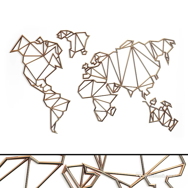 Geometric World Map Metal Wall Decor With Modern Line Design 3d model
