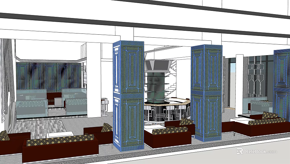 Stylish Bar Interior Design Featuring Blue Pillars And Brown Sofa Seating 3d model