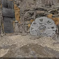 Industrial Cave Interior With Rock Walls Mechanical Wheel And Gravel Floor