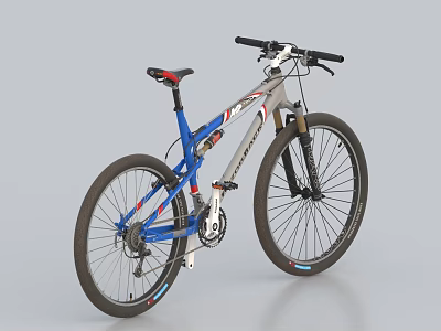 Blue And Silver Mountain Bike With Red Seat Suspension Fork And Wide Tires 3d model