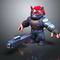 Red Eyed Red Haired Masked Creature Warrior With Mechanical Armor And Large Gun 3d model