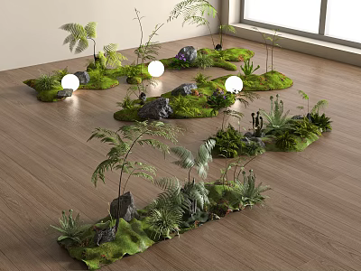 Lush Plant Arrangement With Green Moss Stones Round Lights Ferns On Wooden Floor Near Window 3d model