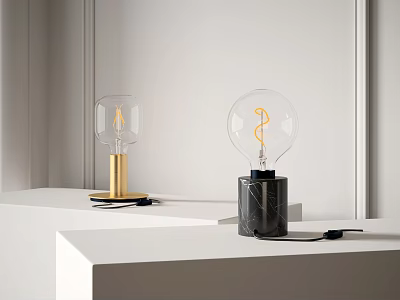Table Lamps With Gold Black Marble Bases Transparent Glass Shades Spiral Bulbs White Display Stand 3d model