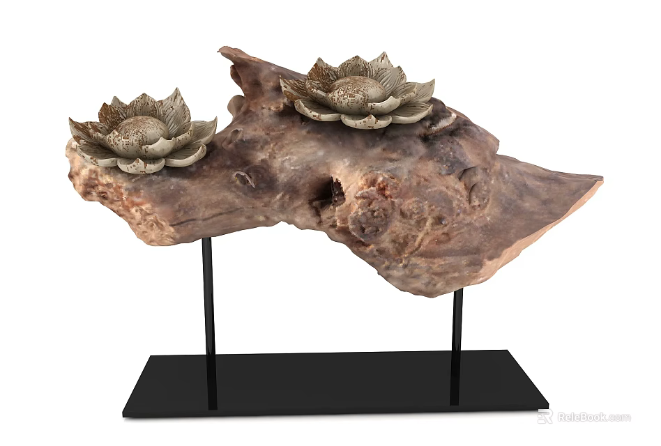 Decorative Ornament Set With Wooden Base Lotus Decorations And Black Stand 3d model 