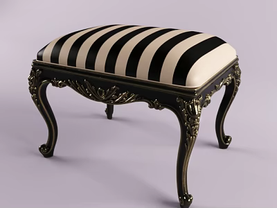 Elegant Sofa Stool with Black and White Striped Cushion and Ornate Gold Carved Black Legs 3d model