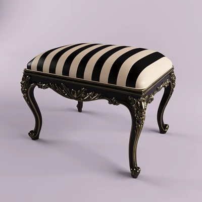 Elegant Sofa Stool with Black and White Striped Cushion and Ornate Gold Carved Black Legs 3d model