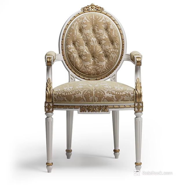 Elegant Classical Leisure Chair With Ornate Carved Arms Gold Accents Patterned Fabric Back White Legs 3d model 