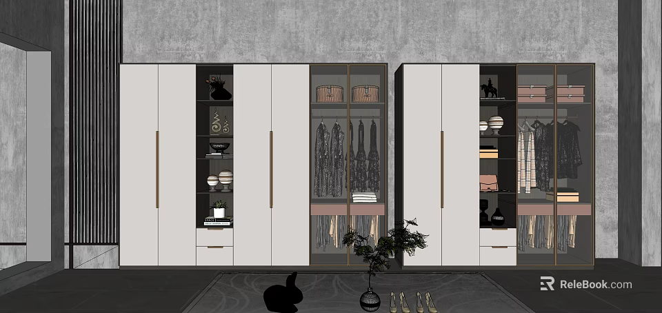 Modern Wardrobe Design With Glass Doors Metal Handles And Storage Compartments 3d model 
