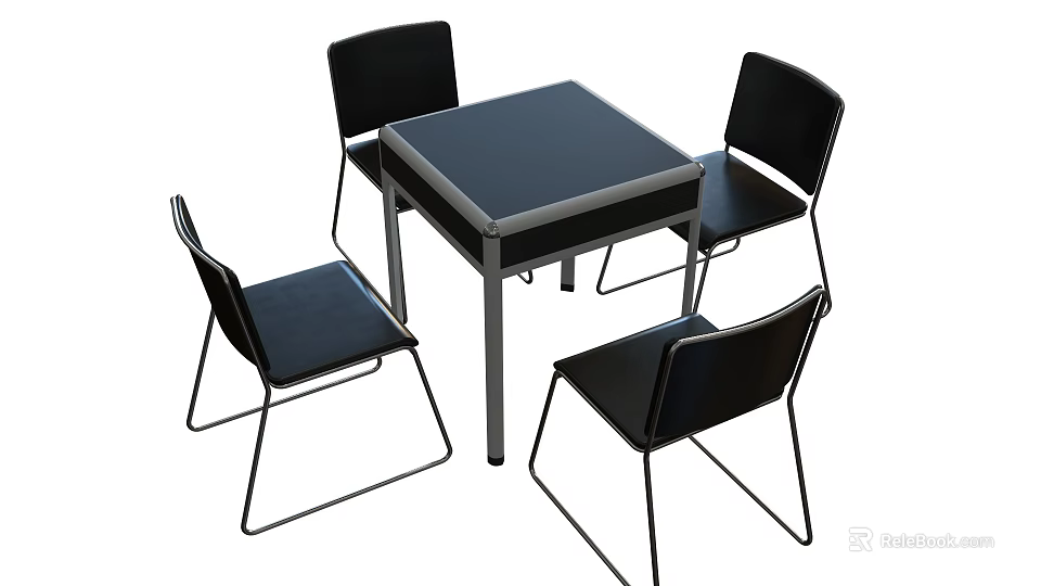 Modern Square Black Dining Table With Four Black Chairs And Metal Frame 3d model 