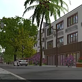 Commercial Street With Modern Shop Fronts Street Lamps Palm Trees Purple Flowers And White Car