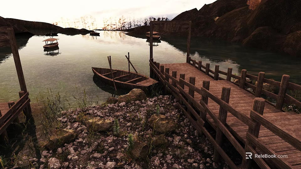 Scenic Sunset Landscape With Calm Water Moored Boats Wooden Dock And Rocky Shore Grass 3d model 