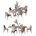 Simple Modern Light Colored Dining Table Set With Chairs And Decorative Plant 3d model
