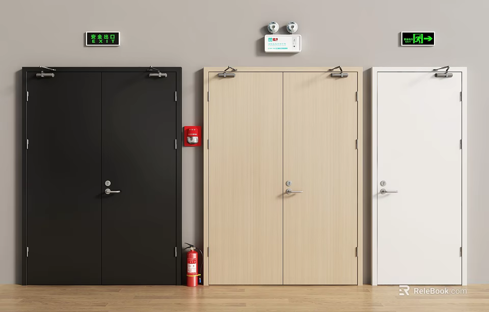 Fire Safety Equipment Including Fire Doors Extinguishers Alarm And Exit Signs 3d model 