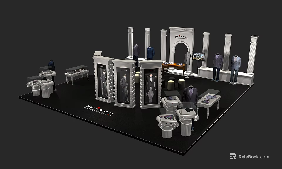Luxury Men's Suits Exhibition With Mannequins Display Cabinets Tables And Columns 3d model 