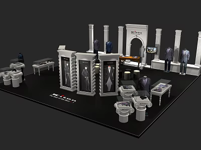 Luxury Men's Suits Exhibition With Mannequins Display Cabinets Tables And Columns 3d model