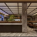 Modern Restaurant Lobby With Marble Reception Counter Wine Racks And Green Plants