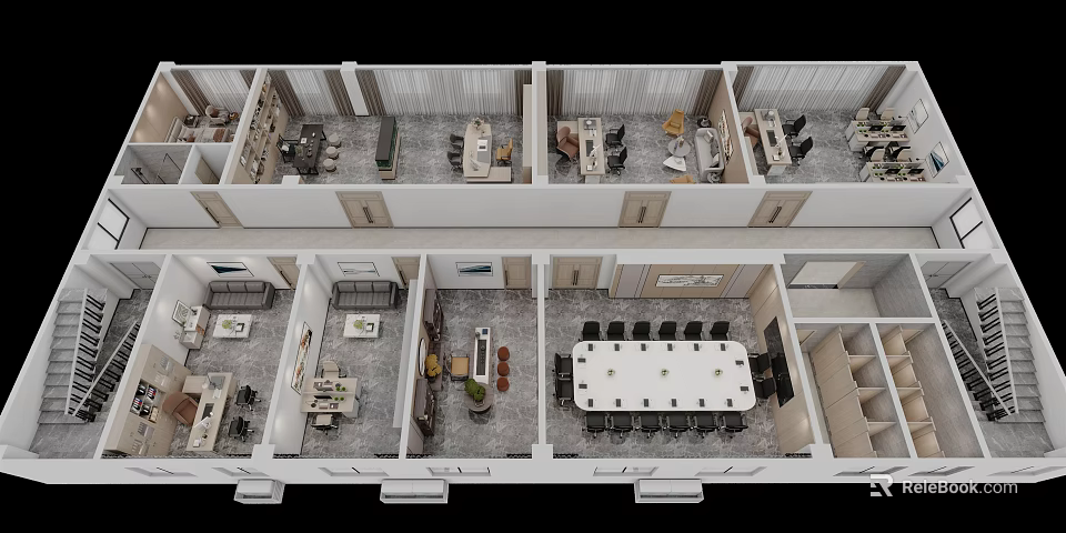 Birds Eye View Of Modern Office Floor Plan With Multiple Workspaces And Meeting Rooms 3d model 
